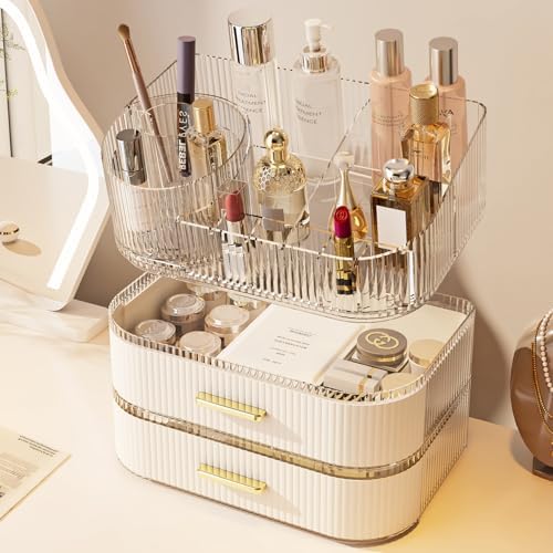 Makeup Organizer with 360 Rotating Brush Holder and Stackable Drawers, Cosmetic Display Case for Vanity, Bathroom Counte