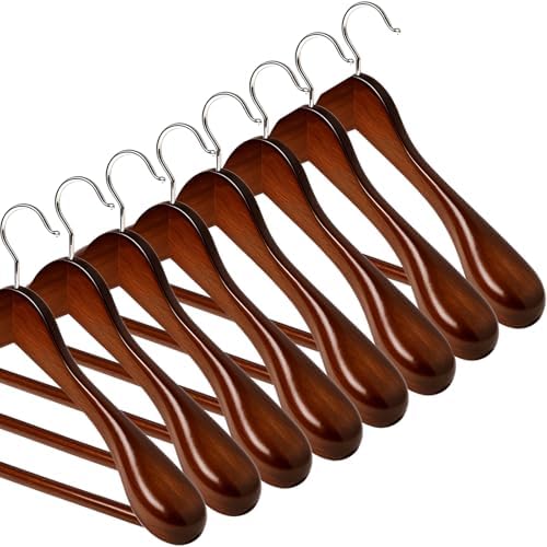 Premium Wooden Suit Hangers for Men Women, 8 Pack Wide Shoulder Wooden Hangers with Non Slip Pants Bar for Suits, Coats, Jackets, Dress, Heavy Duty Wide Clothes Hanger, Walnut