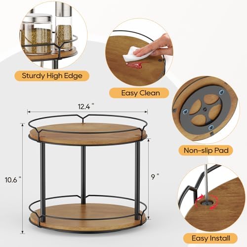 12.4" Lazy Susan Organizer 2 Tier, Rotating Spice Rack, Wooden Spinning Spice Holder for Inside Cabinet, Pantry, Kitchen