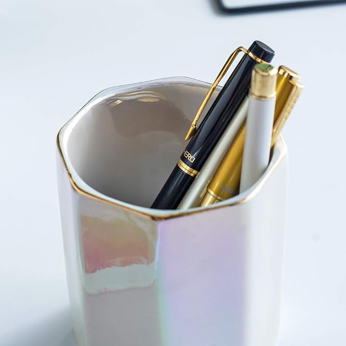 Ceramic Desk Iridescent Pen Holder Stand Cute Pencil Cup Pot Desk Organizer Makeup Brush Holder,Toothbrush Holders(Pearl)
