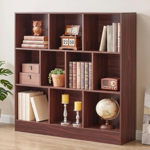 YAHARBO 3 Tier 10 Cube Long Horizontal Bookshelf,Under Window Shelf,Walnut