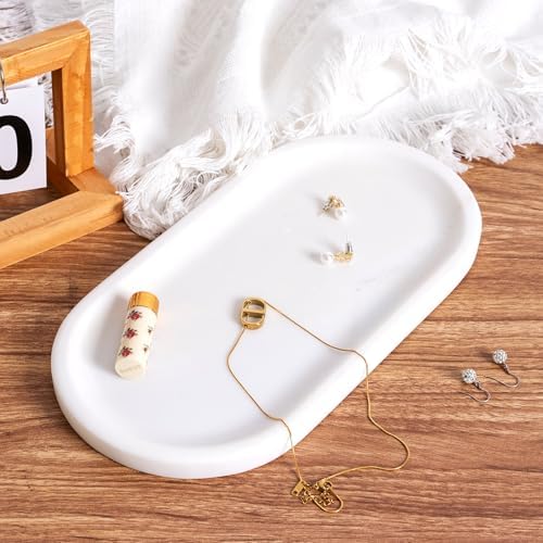 Koville Natural Marble Tray for Bathroom Decor Countertop, Vanity Tray Italy Oval Stone Trays for Candles Perfume, Stora