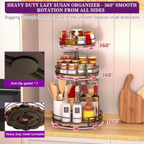 Heavy-Duty 3-Tier Lazy Susan Organizer, Adjustable to Different Heights, Countertop Spice Rack, Upgraded Thickened Woode