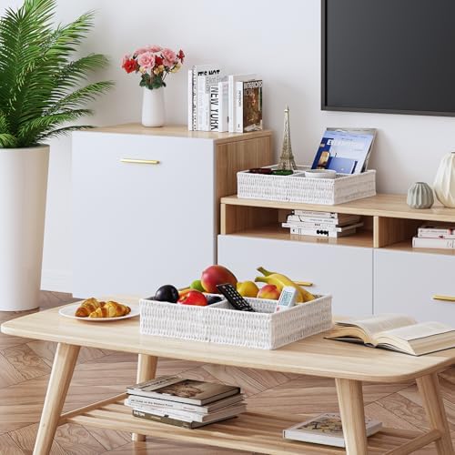 Vagusicc Wicker Divided Storage Basket, White Wicker Baskets, Basket for Shelves Drawer Organizing, 3 Section Rectangula