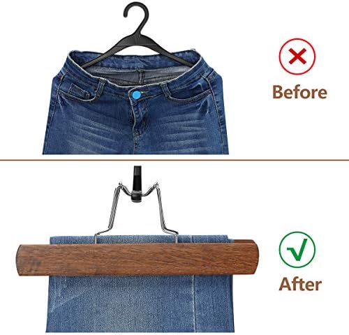 AMKUFO 20 Pack Wooden Pants Hangers with Clips Non Slip Skirt Hangers Trouser Clamp Hanger Solid Wood Hanger with 360° Swivel Hook Walnut