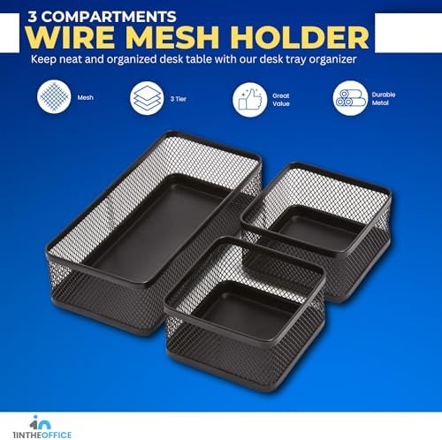 1InTheOffice Desk Baskets and Organizers Tray, Black Mesh Tray, Black Wire Mesh, 3-Compartment Stackable