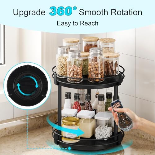 Snughome Lazy Susan Spice Rack, 2 Tier Rotating Spice Rack, Wood Lazy Susan Organizer for Cabinet, Black Kitchen Counter