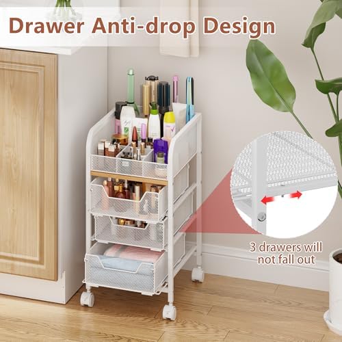 Rolling Makeup Cart Organizer with 3 Drawers, 4-Tier Narrow Floor Skincare Organizers with dividers, Vanity Organizer Co