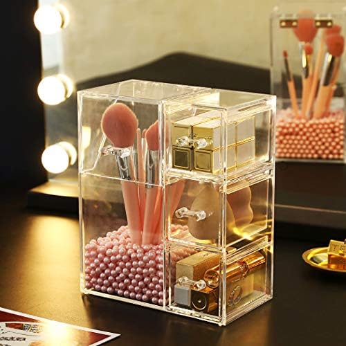 HOSEN Acrylic Makeup Organizer and Brush Holder With Lid Make up Organizer With Pearls Cosmetics Organizer Makeup Brushe