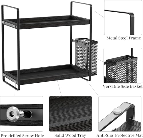 LEMIKKLE Bathroom Organizer Countertop, Counter Organizer for Bathroom Decor, Wooden Sink Shelf for Vanity Storage, Make