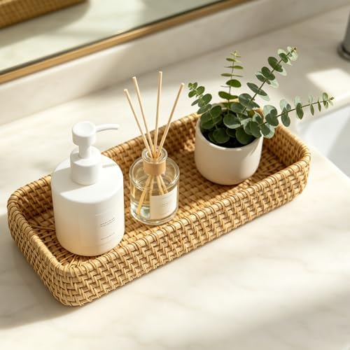 1PCS Handmade Rattan Bathroom Vanity Tray Wicker Toilet Tank Basket Natural Storage Bin Organizer for Bathroom Kitchen C