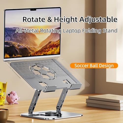 Laptop Stand for Desk, Adjustable Metal Foldable Laptop Riser with 360° Rotation & Football Vent Pattern, Ergonomic Comp