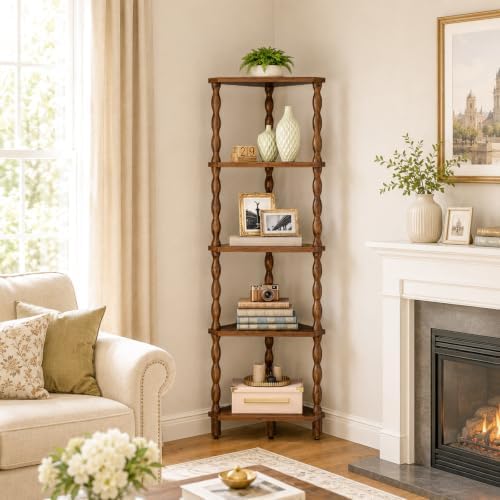 HOOBRO Corner Shelf, 5-Tier Wooden Corner Bookshelf for Small Space, Stylish Corner Storage Display Shelves for Living R