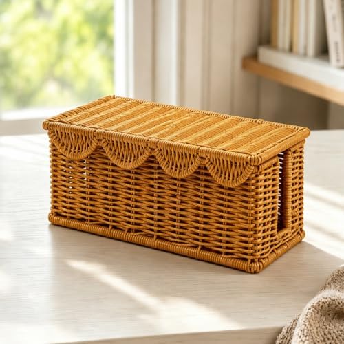 Handmade Rattan Cable Management Box, U Dual Slot Cord Hider Organizer Box