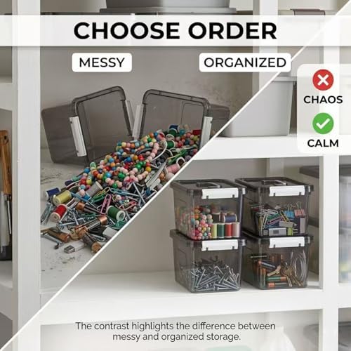 Clear Black Storage Bins with Lids 8 Pack, 5 Quart Stackable Plastic Storage Containers with Latching Lid, Transparent C