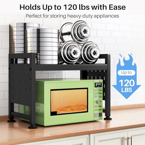 Expandable Microwave Stand Countertop, 2-Tier Adjustable Microwave Oven Rack with 8 Hooks & 2 Holders, Heavy Duty Carbon