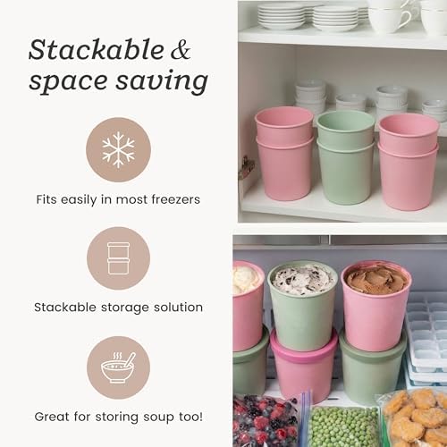 StarPack Freeze The Day Homemade Ice Cream Containers (2-Pack, 1 Quart) - Airtight Silicone Lids, BPA-Free Reusable Polypropylene Freezer Containers with Dry Erase Pen and Labels, Sage Green and Pink