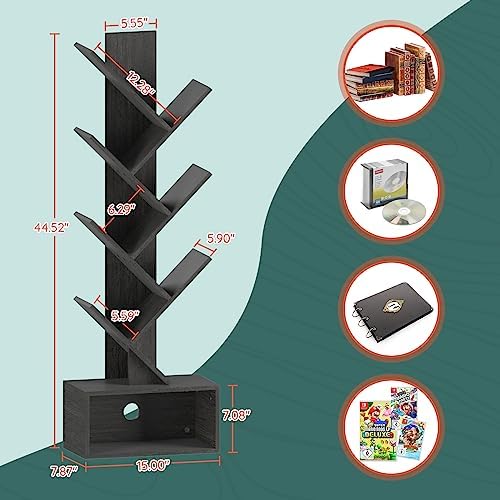 Yoobure Tree Bookshelf - 6 Shelf Retro Floor Standing Bookcase, Tall Wood Book Storage Rack for CDs/Movies, Utility Book