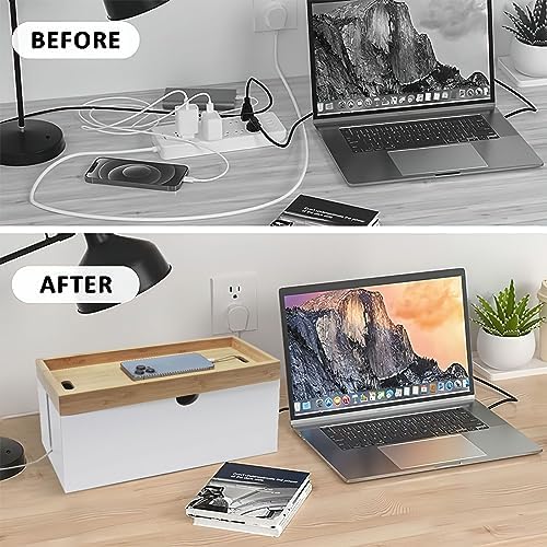 Bamboo Cable Management Box, Large Cord Organizer Box Cable Box to Hide Wires & Power Strips for Desktop Storage Cord Ho
