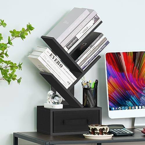 SHEEPAM 4-Tier Tree Bookshelf Small Bookcase with Drawer