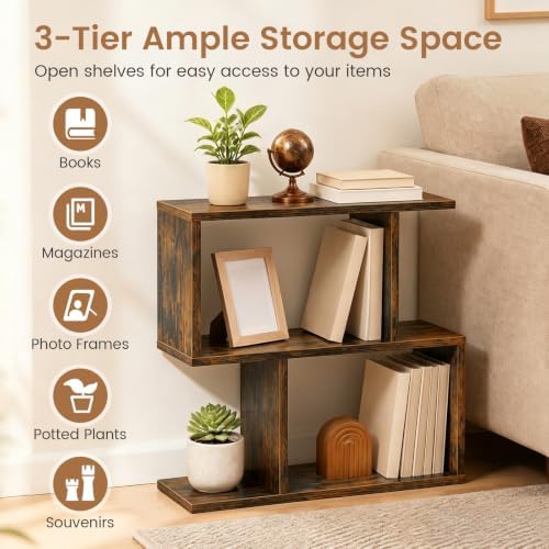 GIANTEX 3-Tier Geometric Bookshelf, Wood S-Shape Bookcase, Brown