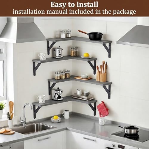 Corner Floating Shelves Set of 5, Rustic Wood Shelves, Grey