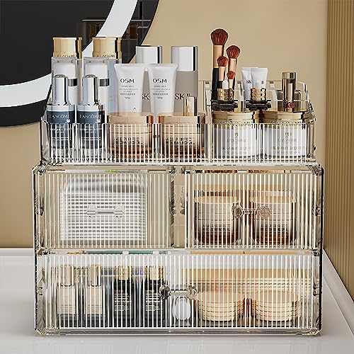 ZHIAI Stackable Cosmetic Organizer, Acrylic Cosmetic Organizer for Dresser, Vanity, Kitchen Cabinet, Bathroom, Under Sin