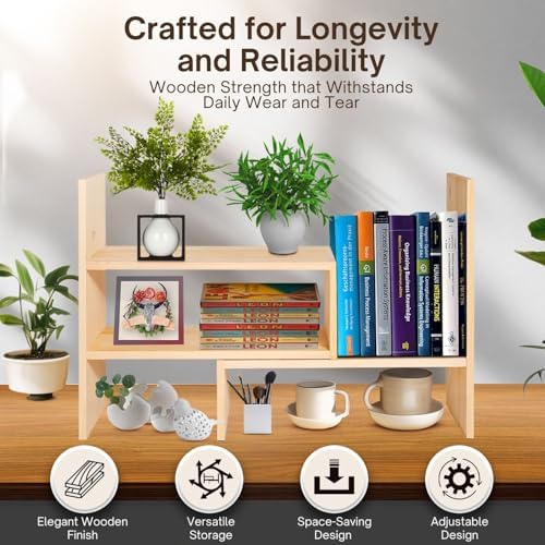 Flexzion Natural Wooden Desktop Shelf Wood Caddy Desk Organizer Set Office Storage Adjustable Expandable Tabletop Access