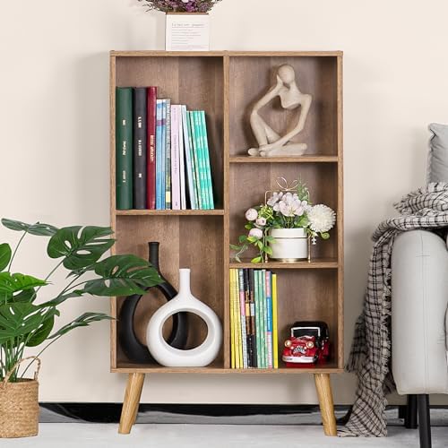 LEYAOYAO 5 Cube Bookshelf, Mid-Century Modern Book Shelf with Legs, Oak