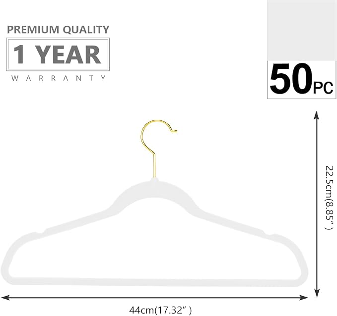 MIZGI Premium Velvet Hangers Pack 50 Pcs Heavyduty - Non Slip Slimline - Velvet Suit Hangers White - Gold Hooks,Space Saving Clothes Hangers