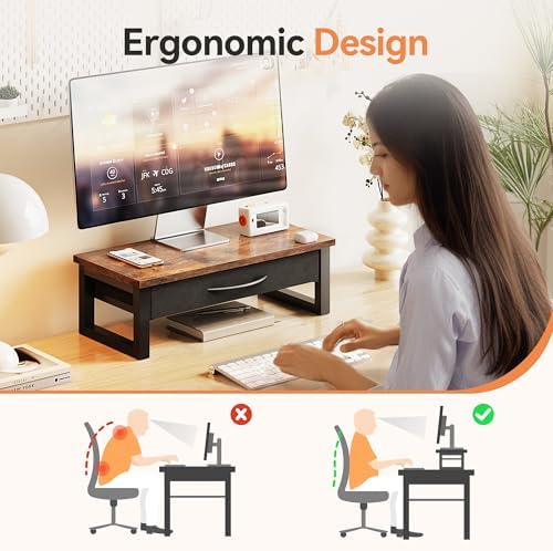 Computer Monitor Stand Riser with Drawer, 2-Tier Desk Accessories & Workspace Organizers, Laptop Stand for Desk with Sto