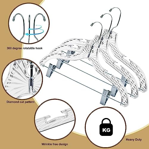 Quality Clear Plastic Skirt Hangers - 24 Pack Crystal Cut Pants Dress Durable Plastic Hanger Set with Adjustable Clips - Heavy Duty Hangers