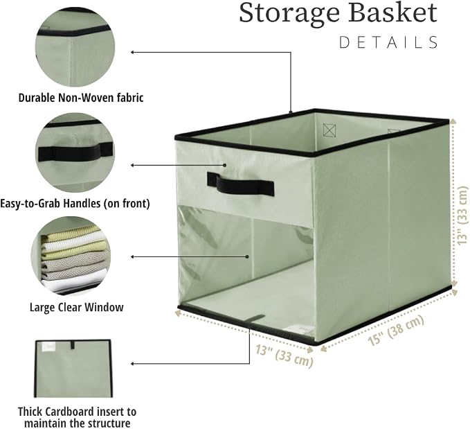 DECOMOMO Storage Bins, Cube Storage Bin with Window | 13x15x13", 6 Pack, Fabric Storage Cubes for Shelves (Green)