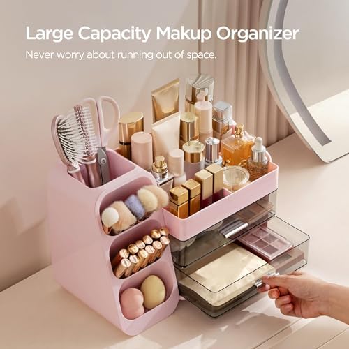 HBlife Makeup Organizer with Brush Holder for Vanity, Large Plastic Bathroom Countertop Organizer Skin Care Storage, Eas