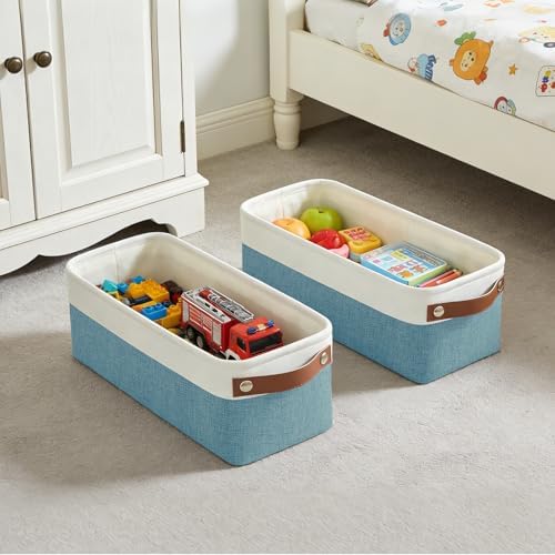 Bagnizer Small Fabric Storage Baskets, 15x6x5 inch Narrow Storage Bins 4-Pack Long Storage Basket for Organizing with Ha