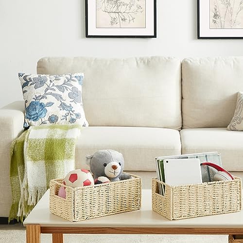 Vagusicc Wicker Storage Basket, Set of 2 Hand-Woven Paper Rope Wicker Basket, Small Storage Baskets for Organizing Toile