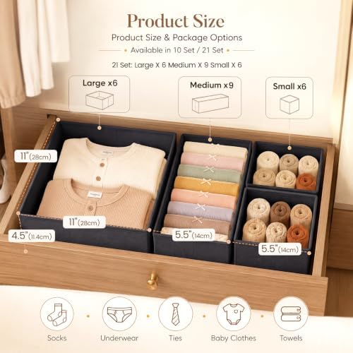 Drawer Organizer Storage for Clothes, Socks, 21 Pack, Black