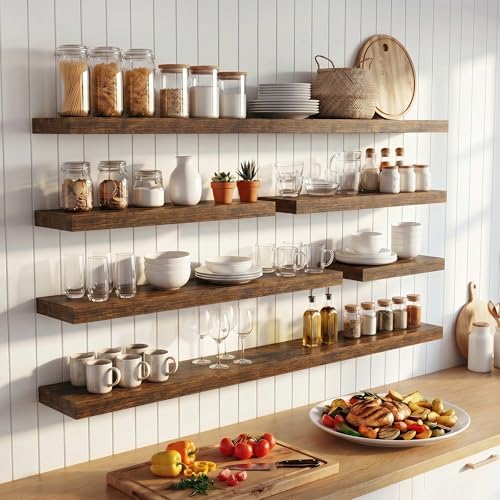 FLYJOE 55 Inch Floating Shelves for Wall Set of 2, 6.5" D Wood Grain Bathroom Shelves with Invisible Brackets, Easy Inst