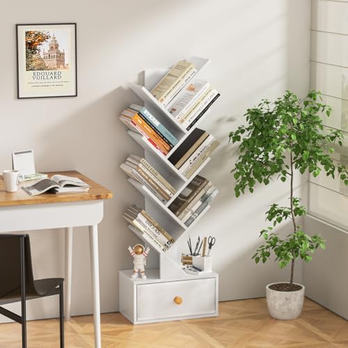 SHEEPAM 8-Tier Tree Bookshelf Floor Standing Storage Bookcase with Drawer