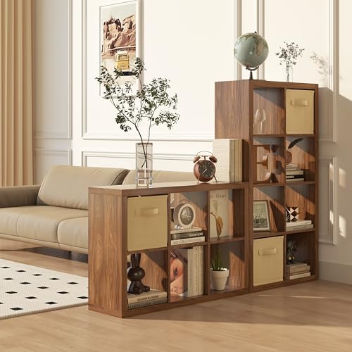 Bookshelf with Storage Bins, 9-Cube Storage Organizer Sturdy Wooden Bookcase Open Book Shelf, Multifunctional Cubicle Ra