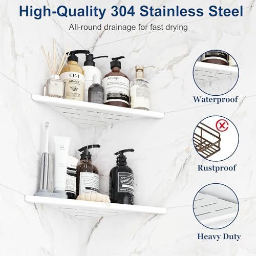 Qeke 10" Corner Shower Shelves 304 Stainless Steel, Matte White, 2 Pack