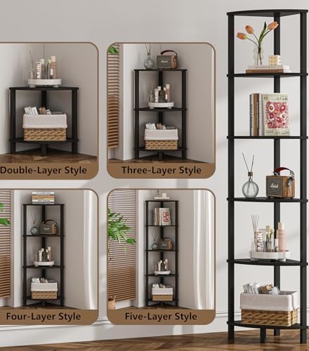 VIMBER Corner Shelf, 6-Tier Corner Bookshelf, Industrial Corner Ladder Shelf, DIY Storage Shelves, Modern Display Shelf 