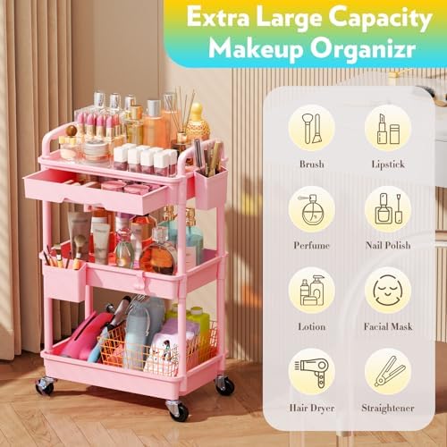 SUNALLY Makeup Cart Organizer with Drawer, 3 Tier Rolling Makeup Cart, Pink