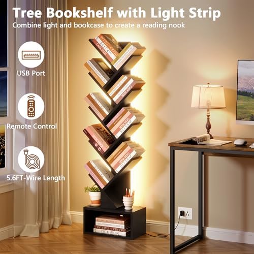 Hoctieon 9 Tier Tree Bookshelf, Tall Bookcase, Freestanding Book Shelf with LED Lights, Display Floor Standing Storage S