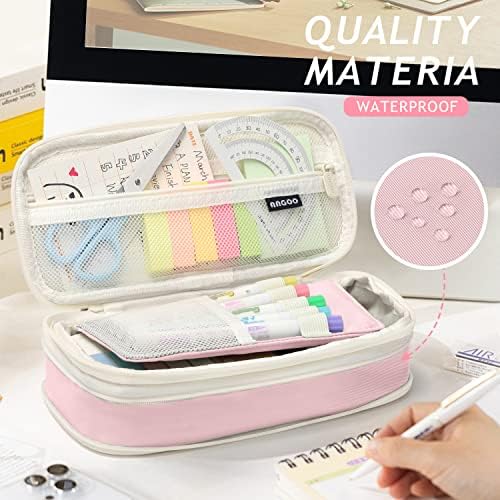 KPX Big Capacity Pencil Pen Case Bag with Zipper Office College School Storage Large Capacity Bag Pouch Holder Box Organizer Colorful (Pink)