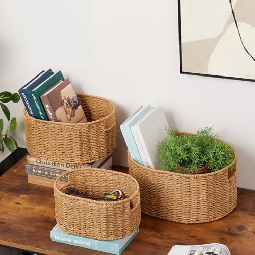 Vagusicc Wicker Storage Basket, Set of 3 Hand-woven Storage Baskets for Organizing, Round Large Wicker Baskets for Stora
