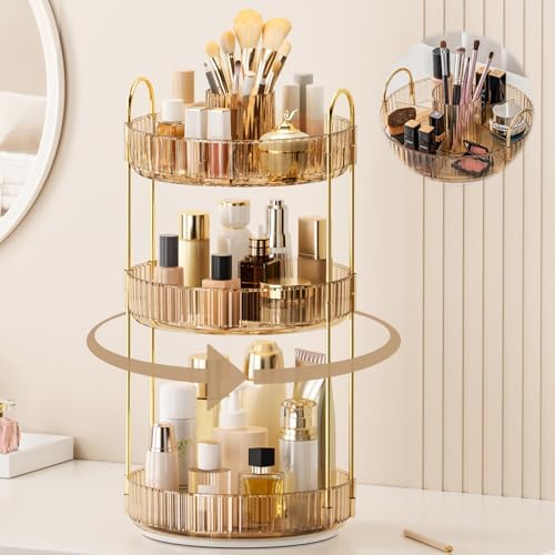 360° Rotating Makeup Organizer, Upgraded 3 Tier Skincare Perfume Organizers for Women, Bathroom Organizer Countertop, Cl