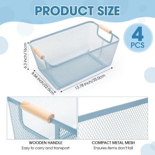 Ziliny 4 Pcs Mesh Wire Baskets for Organizing, Large, Light Blue
