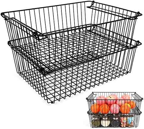 Set of 2 Stackable XXL Wire Baskets For Pantry Storage and Organization -16x12in Large Metal Food Baskets -Vegetable,Fru