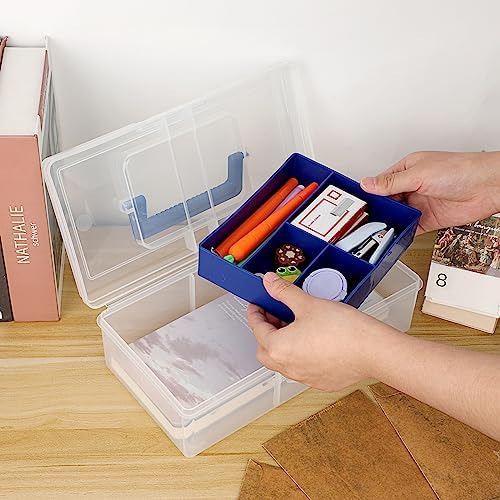 JUXYES Plastic Carry Storage Box with Removable Dividers, Clear Art Craft Supply Storage Bin Sewing Box with Handle Lid,
